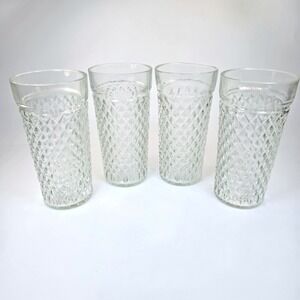 Vintage Anchor Hocking Diamond Point‎ Glass Tumblers 4 Textured Highball Glasses